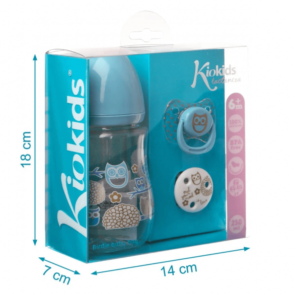 Pack Regalo Bebé Azul biberón cadena y chupete