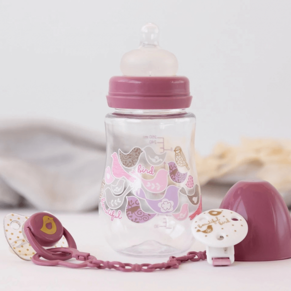 Regalo Bebé rosa cadena chupete y biberón