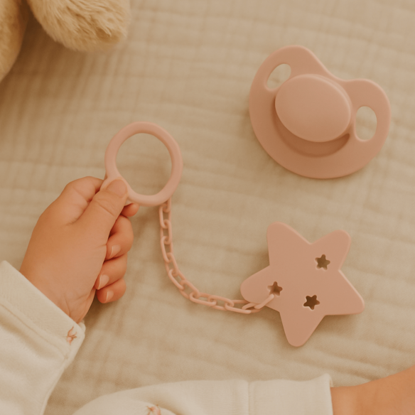 cadena y chupete rosa bebé