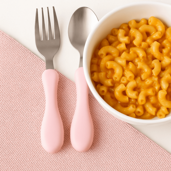 cuchara y tenedor infantil acero rosas
