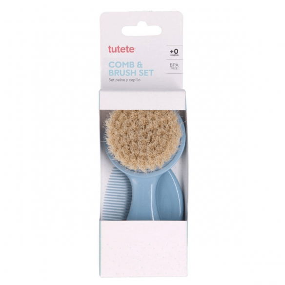 Set Peine y Cepillo Azul bebé con cerdas naturales