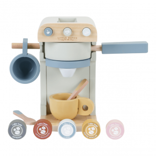 cafetera de juguete en madera con accesorios