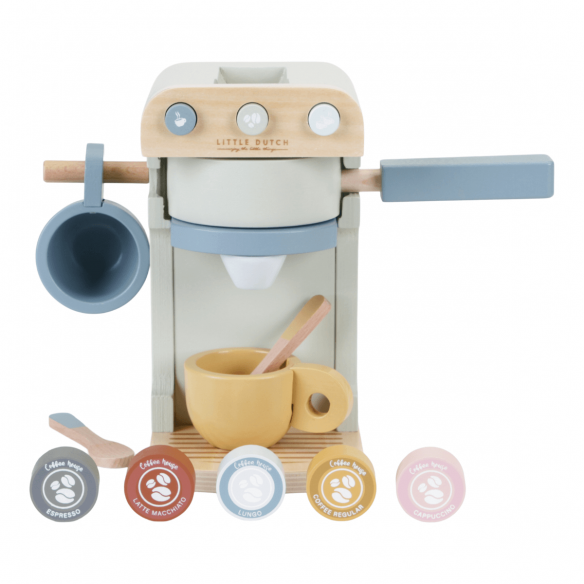 cafetera de juguete en madera con accesorios