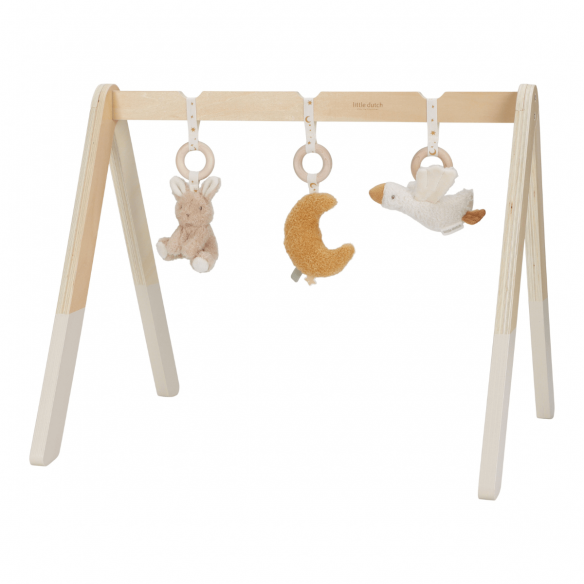 Gimnasio para bebé newborn de madera con colores neutros