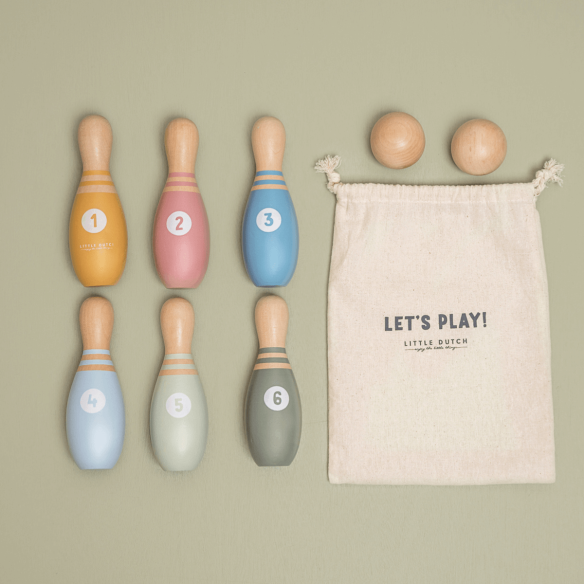 Bolos para niños de madera con bolsa para guardar