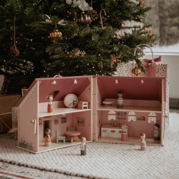 regalo navidad casa de muñecas para llevar en madera rosa con accesorios