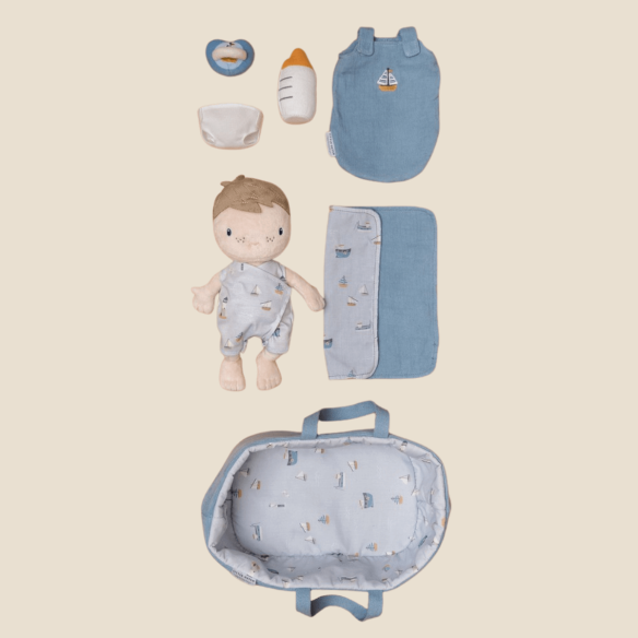 Juguete de peluche bebé con accesorios en azul de la marca Little Dutch