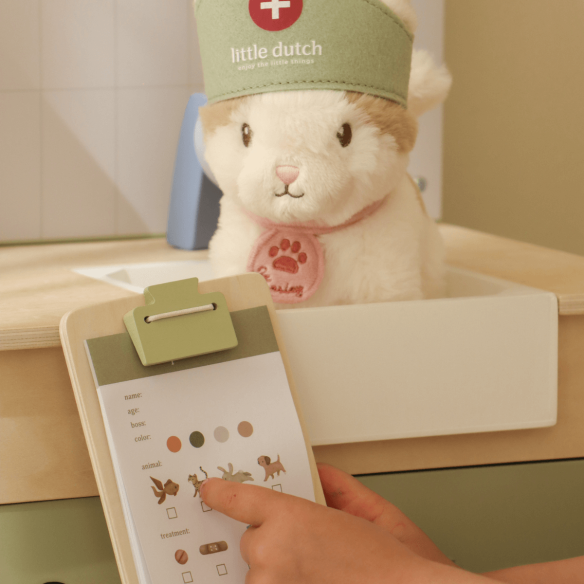 Juguete clínica veterinaria en madera con accesorios para niños
