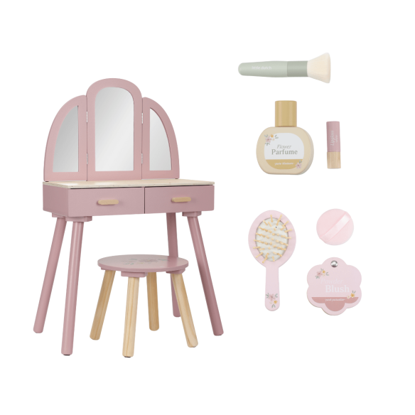 mueble tocador de juguete en madera rosa con maquillaje de juguete
